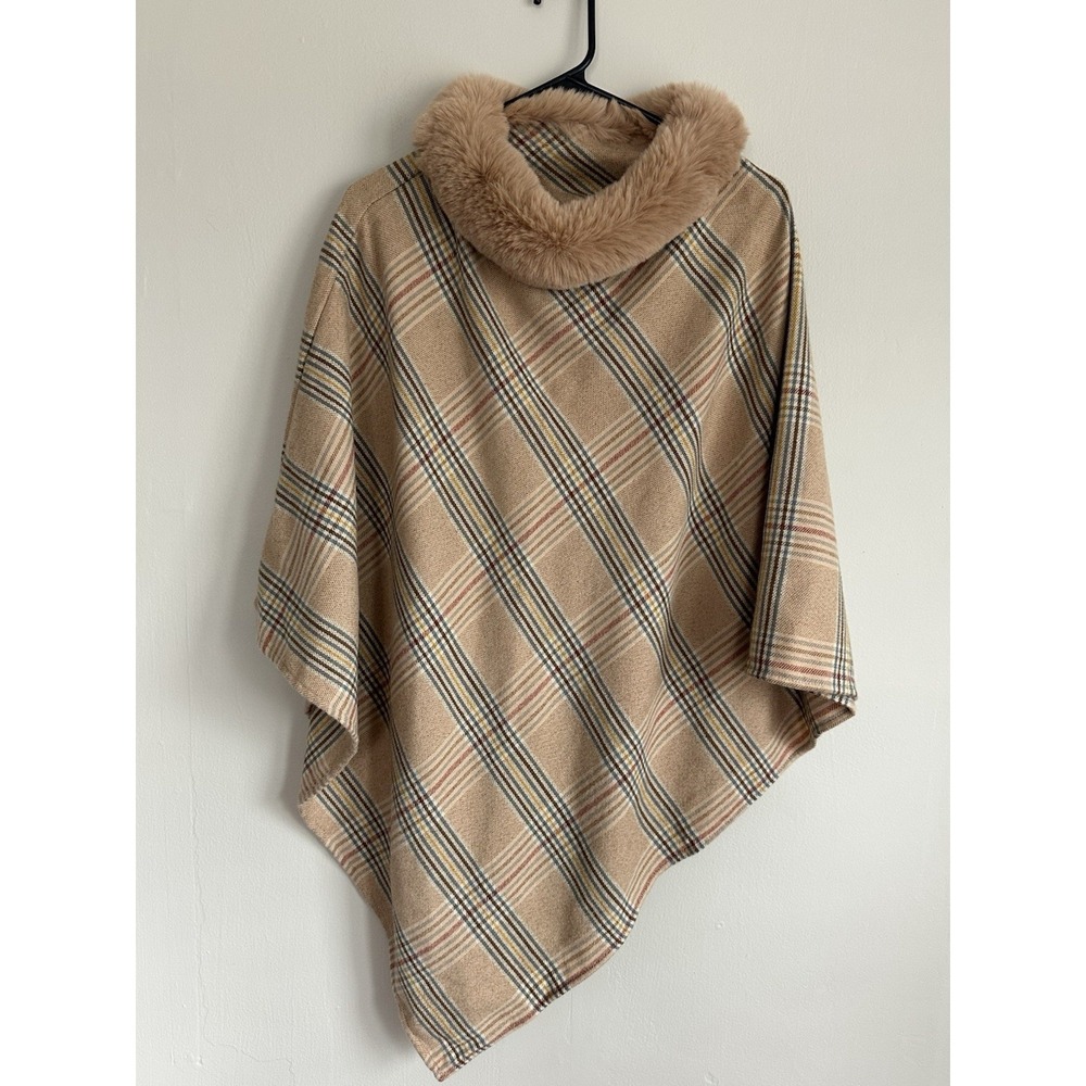 Faux Fur Collar Cropped Cape Poncho Beige Tartan Plaid